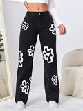 Flower Print Black Jeans