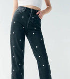 Small Flower Print Black Jeans