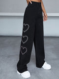 Three Hearts Print Black Jeans